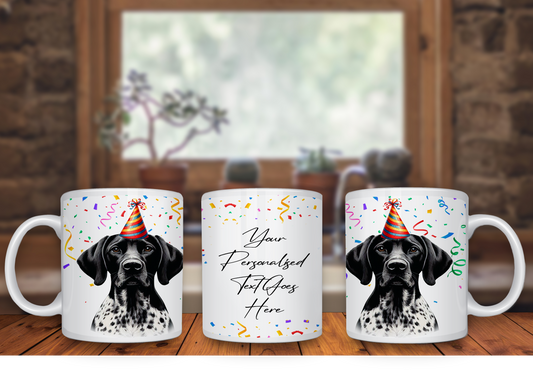 Personalised Dog Gift Mug - Black and White German Pointer with Birthday Congratulations Party Hat