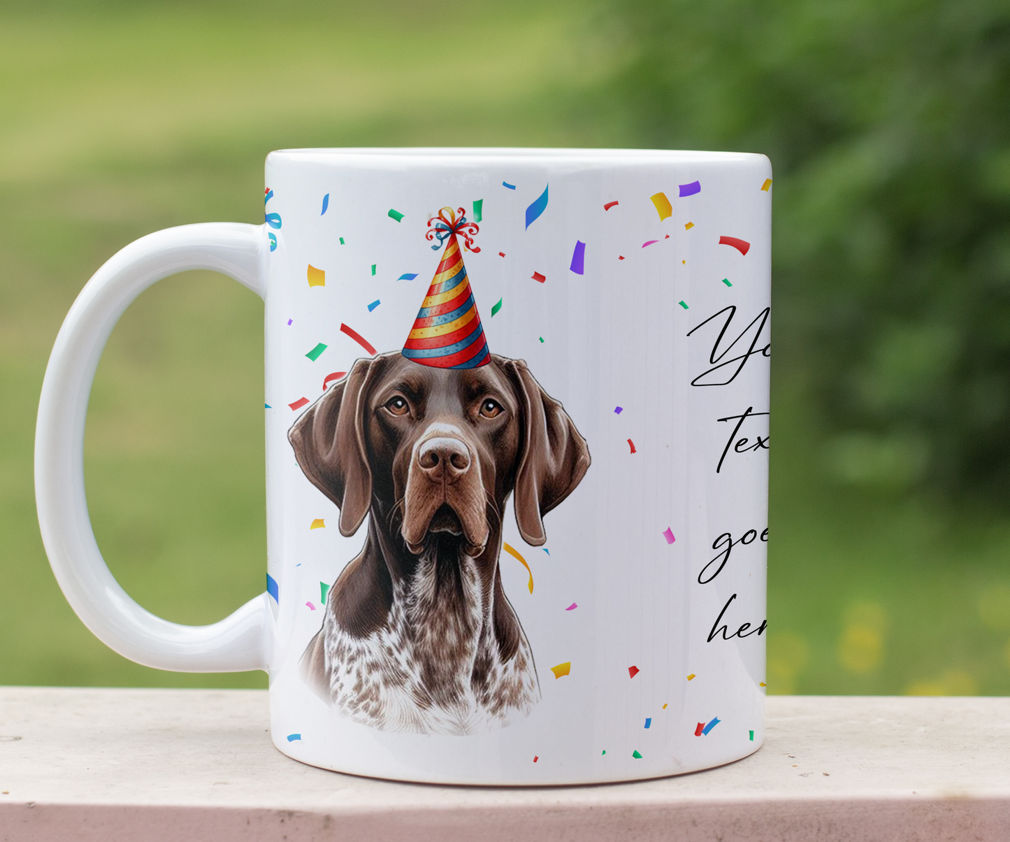 Personalised Dog Gift Mug - Liver and White German Pointer with Birthday Congratulations Party Hat