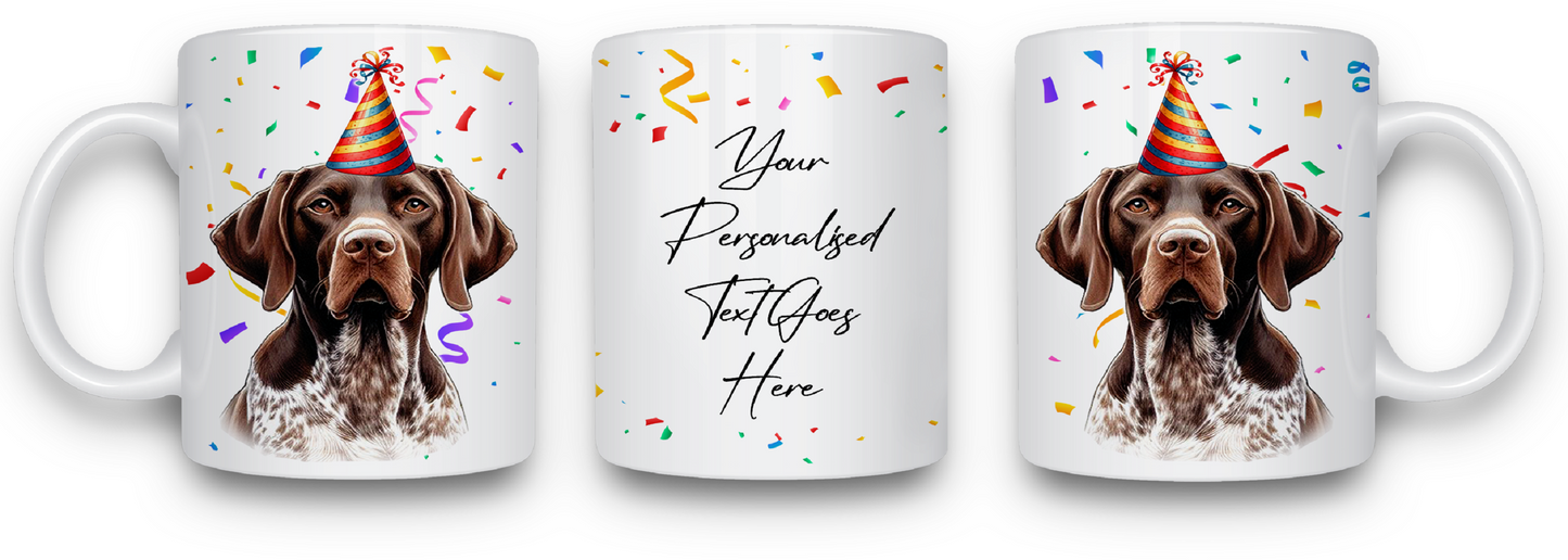 Personalised Dog Gift Mug - Liver and White German Pointer with Birthday Congratulations Party Hat