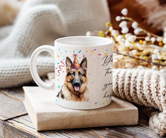 Personalised Dog Gift Mug - German Shepard with Birthday Congratulations Party Hat