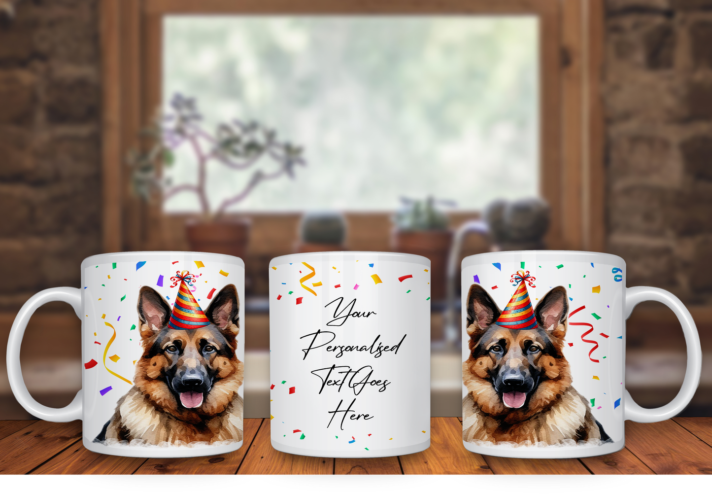 Personalised Dog Gift Mug - German Shepard with Birthday Congratulations Party Hat