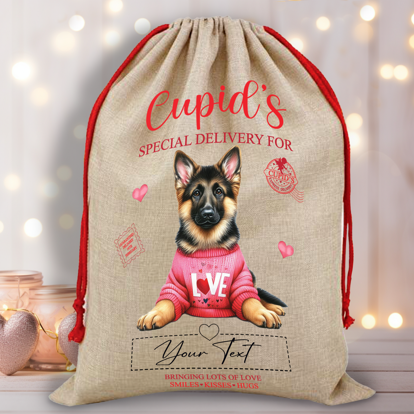 Personalised Dog Love Heart Valentine Anniversary Gift Sack - German Shepherd