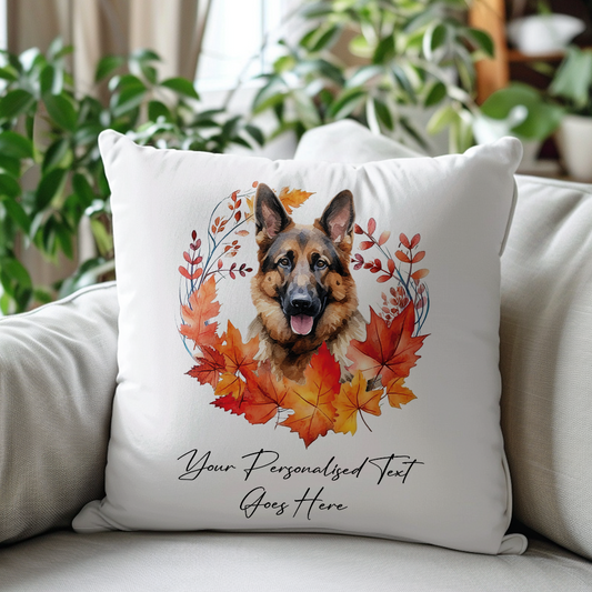 Personalised German Shepherd in an Autumn wreath - Keepsake Gift cushion, by Floppsie Moppsie – floppsiemoppsie at floppsiemoppsie.co.uk