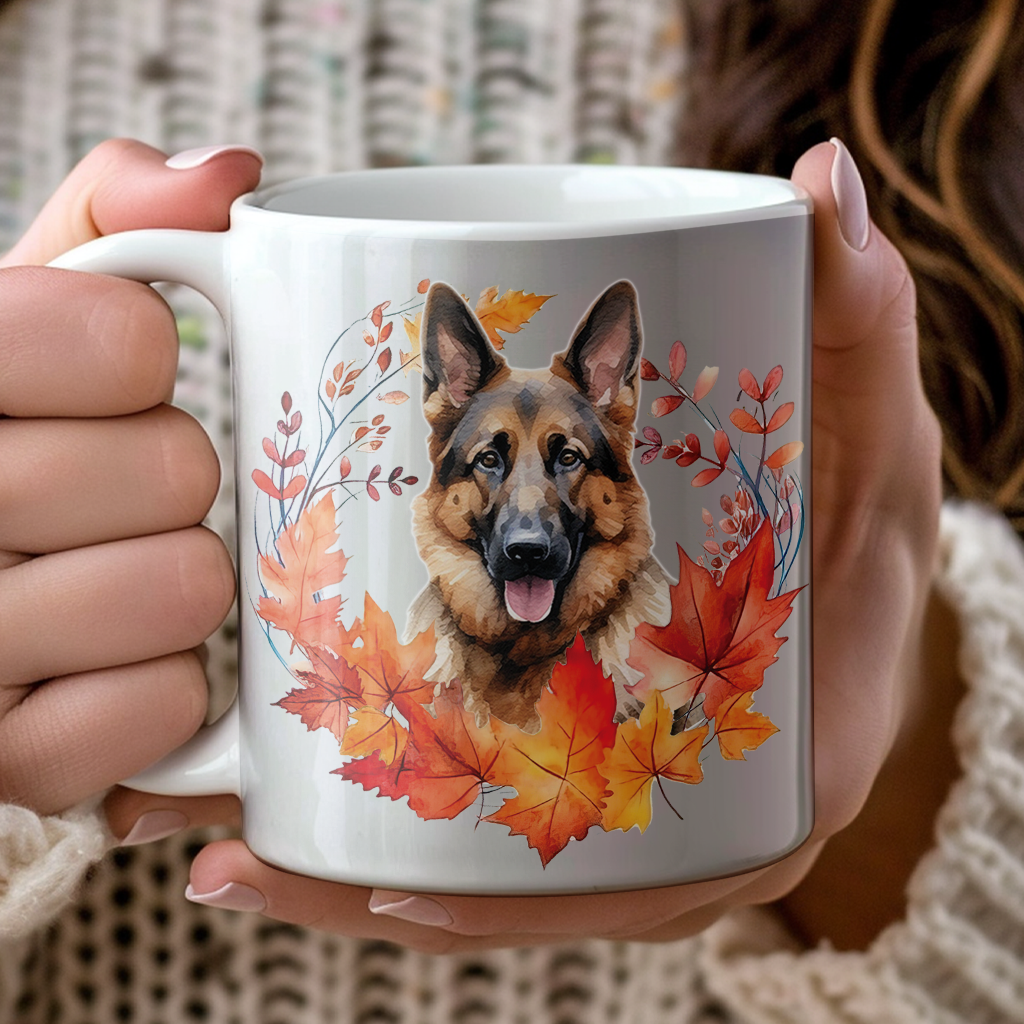 Personalised German Shepherd in an Autumn wreath - Keepsake Mug, ideal gift for Birthday and Christmas Gift, by Floppsie Moppsie – floppsiemoppsie at floppsiemoppsie.co.uk