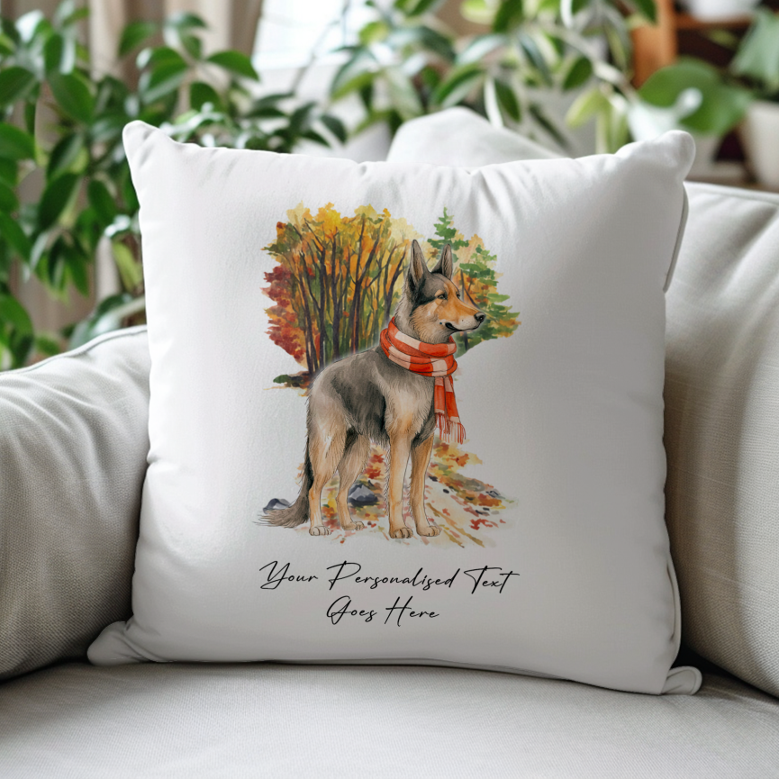 Personalised German Shepherd – on an Autmn Winter Walk wearing a scarf Pet Gift Cushion, by Floppsie Moppsie – floppsiemoppsie at floppsiemoppsie.co.uk