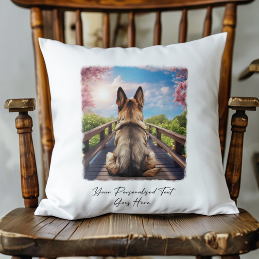 Personalised German Shepherd – Looking out across a Bridge Pet Gift Cushion, by Floppsie Moppsie – floppsiemoppsie at floppsiemoppsie.co.uk