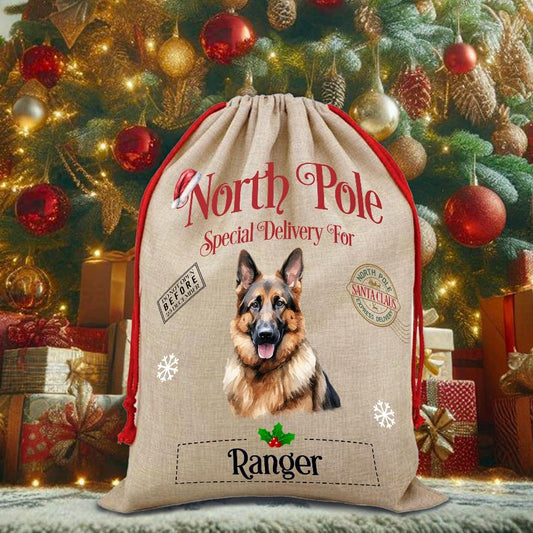 Personalised Dog German Shepherd – North Pole Special Delivery Santa Sack Pet Gift, by Floppsie Moppsie – floppsiemoppsie at floppsiemoppsie.co.uk