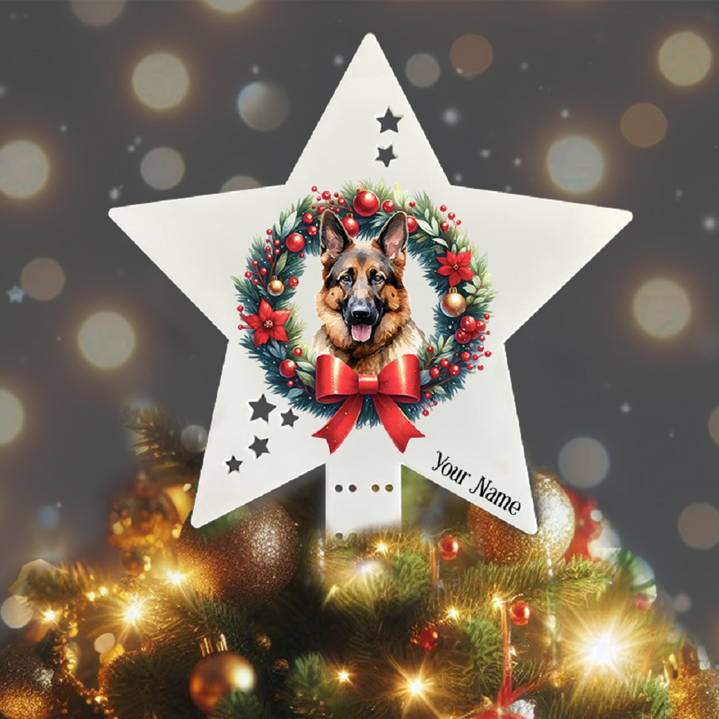 Personalised Pet Dog German Shepherd wreath Christmas Tree Topper - Keepsake Gift, by Floppsie Moppsie – floppsiemoppsie at floppsiemoppsie.co.uk