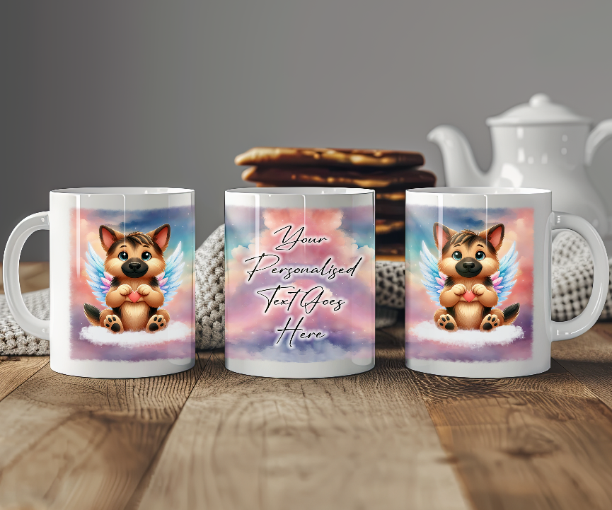 Personalised Dog Memorial Mug of German Shepherd with wings in clouds making a heart sign - Keepsake Gift Mug, by Floppsie Moppsie – floppsiemoppsie at floppsiemoppsie.co.uk