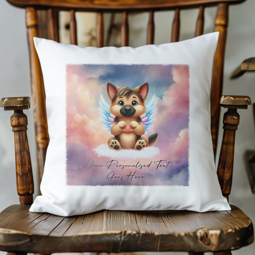 Personalised Dog Memorial Mug of German Shepherd with wings in clouds making a heart sign - Keepsake Gift Cushion, by Floppsie Moppsie – floppsiemoppsie at floppsiemoppsie.co.uk