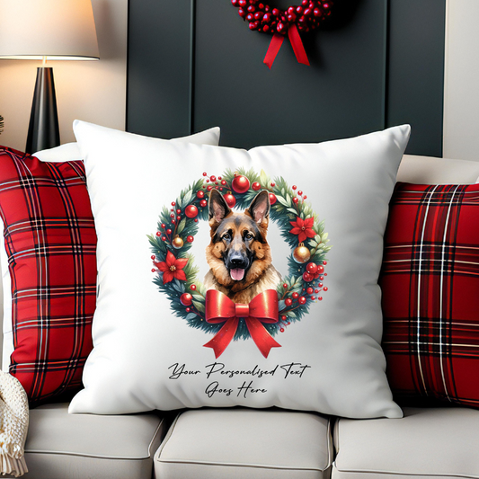 Personalised German Shepherd in a Christmas wreath - Keepsake Gift cushion, by Floppsie Moppsie – floppsiemoppsie at floppsiemoppsie.co.uk