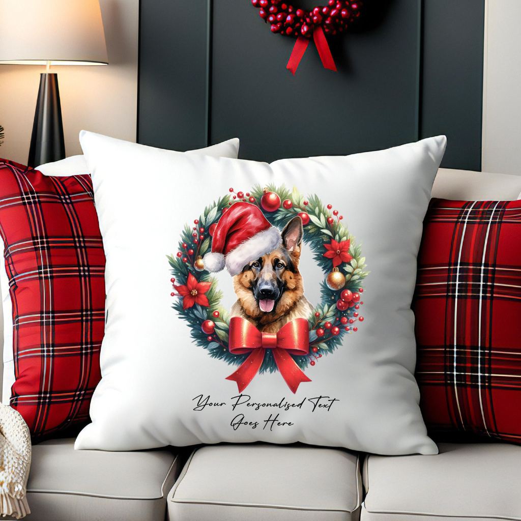 Personalised German Shepherd with Santa Hat in a Christmas wreath - Keepsake Gift cushion, by Floppsie Moppsie – floppsiemoppsie at floppsiemoppsie.co.uk