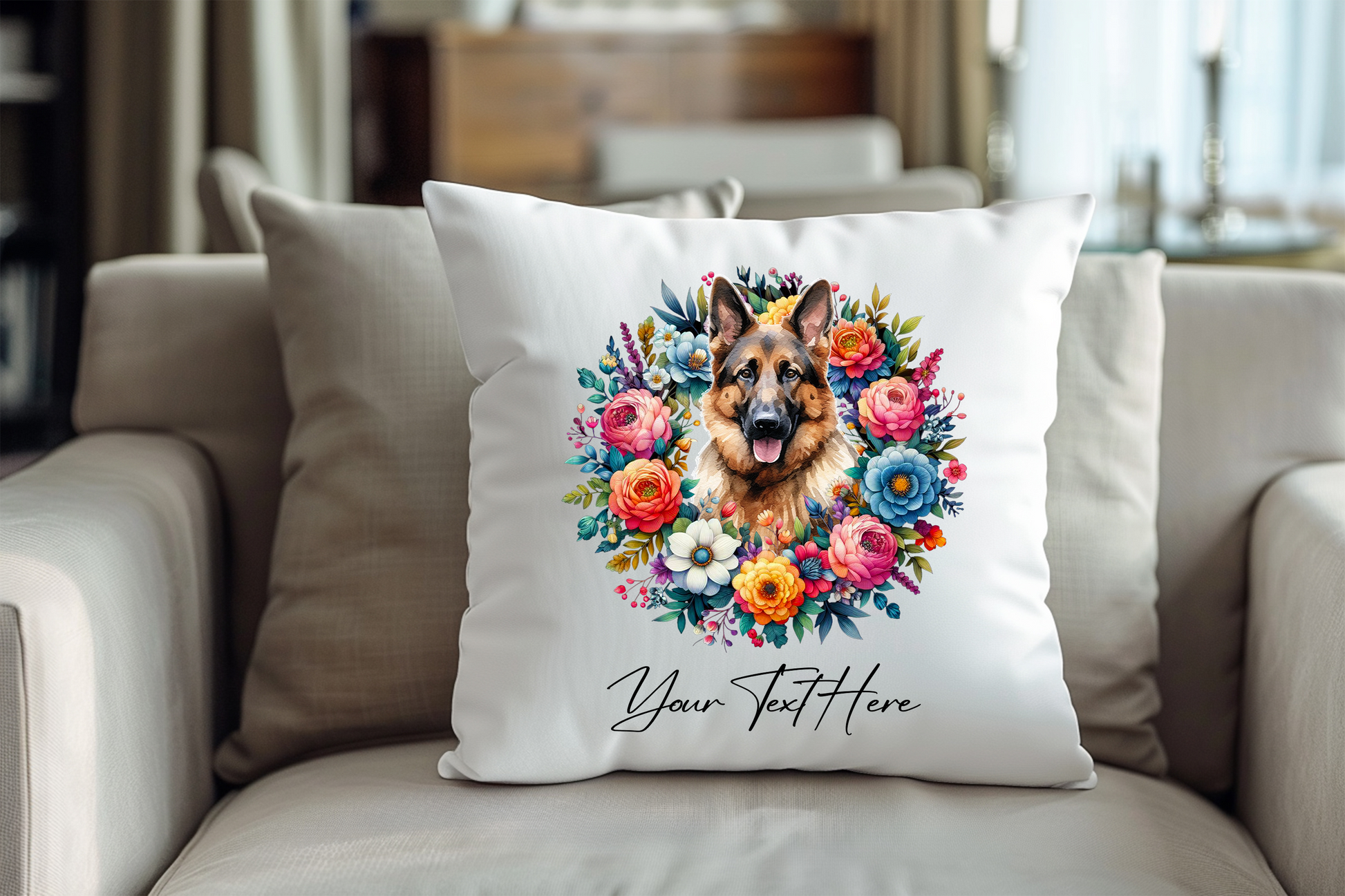 Personalised Floral Summer Pet Dog Wreath with German Shepherd - Keepsake Gift Cushion, by Floppsie Moppsie – floppsiemoppsie at floppsiemoppsie.co.uk