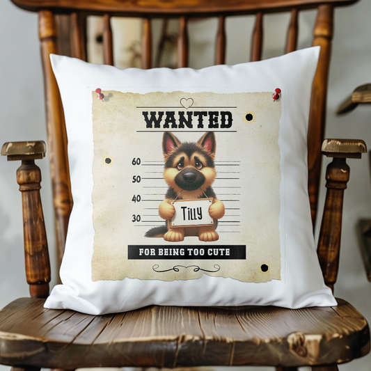 Personalised Dog WANTED German Shepherd in a line-up - Keepsake Gift Cushion, by Floppsie Moppsie – floppsiemoppsie at floppsiemoppsie.co.uk