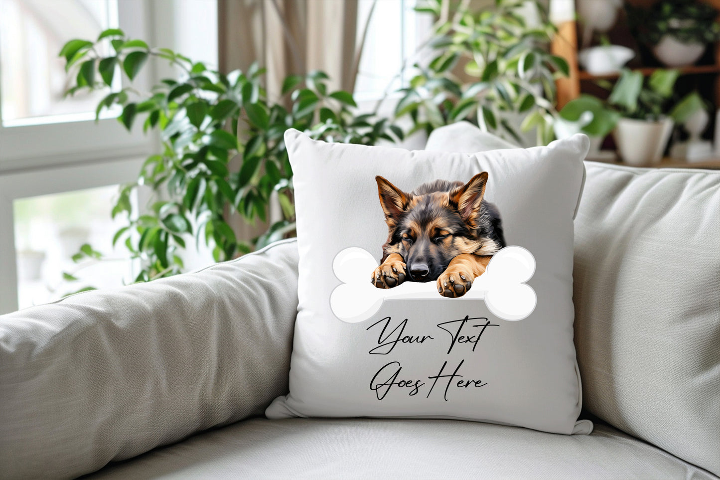 Personalised German Shepard sleeping on a bone Pet Dog Keepsake Gift Cushion, by Floppsie Moppsie – floppsiemoppsie at floppsiemoppsie.co.uk