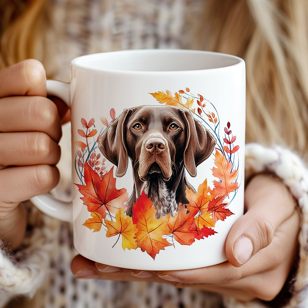 Personalised Liver and White German Shorthaired Pointer in an Autumn wreath - Keepsake Mug, ideal gift for Birthday and Christmas Gift, by Floppsie Moppsie – floppsiemoppsie at floppsiemoppsie.co.uk