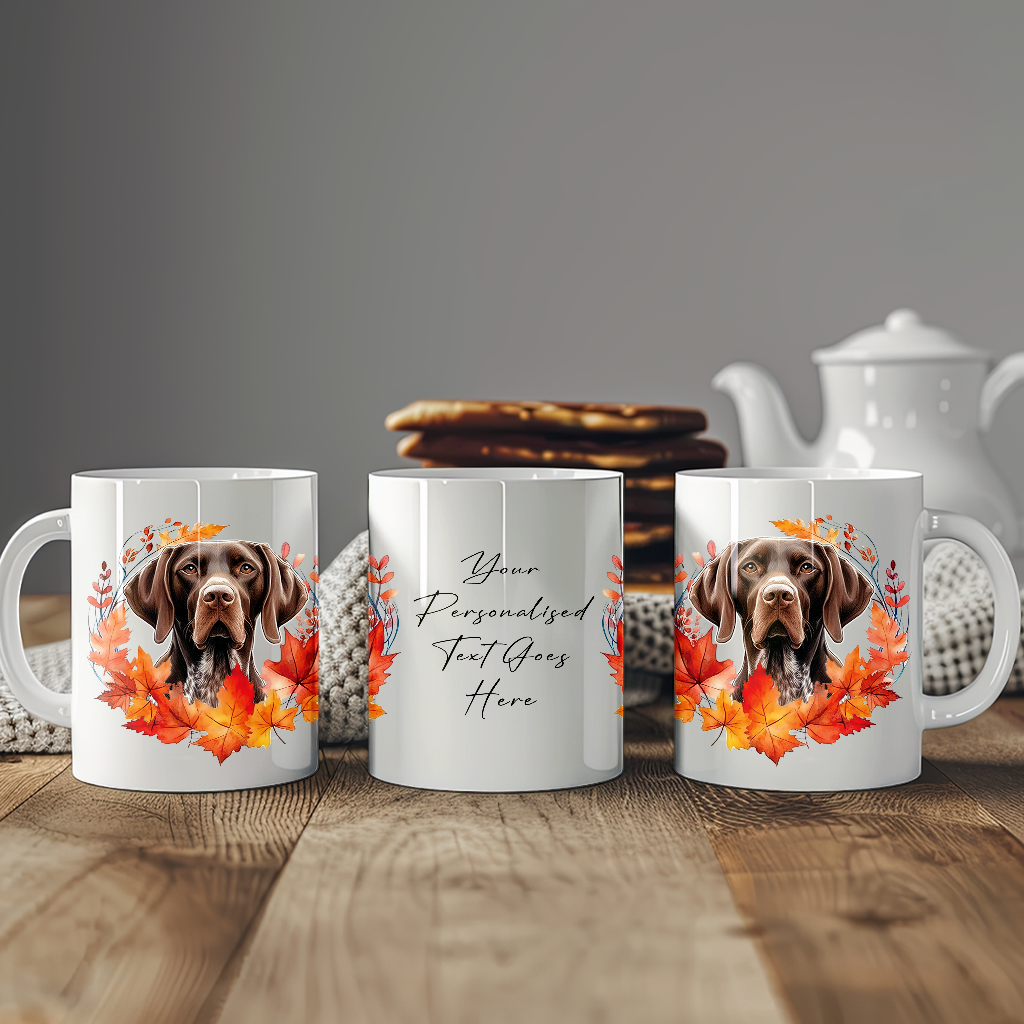 Personalised Liver and White German Shorthaired Pointer in an Autumn wreath - Keepsake Mug, ideal gift for Birthday and Christmas Gift, by Floppsie Moppsie – floppsiemoppsie at floppsiemoppsie.co.uk