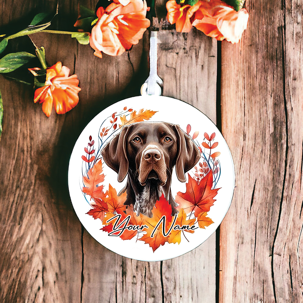 Personalised Dog German Shorthaired Pointer Liver and Black in an autumn wreath - Keepsake Gift Hanging Decoration, by Floppsie Moppsie – floppsiemoppsie at floppsiemoppsie.co.uk