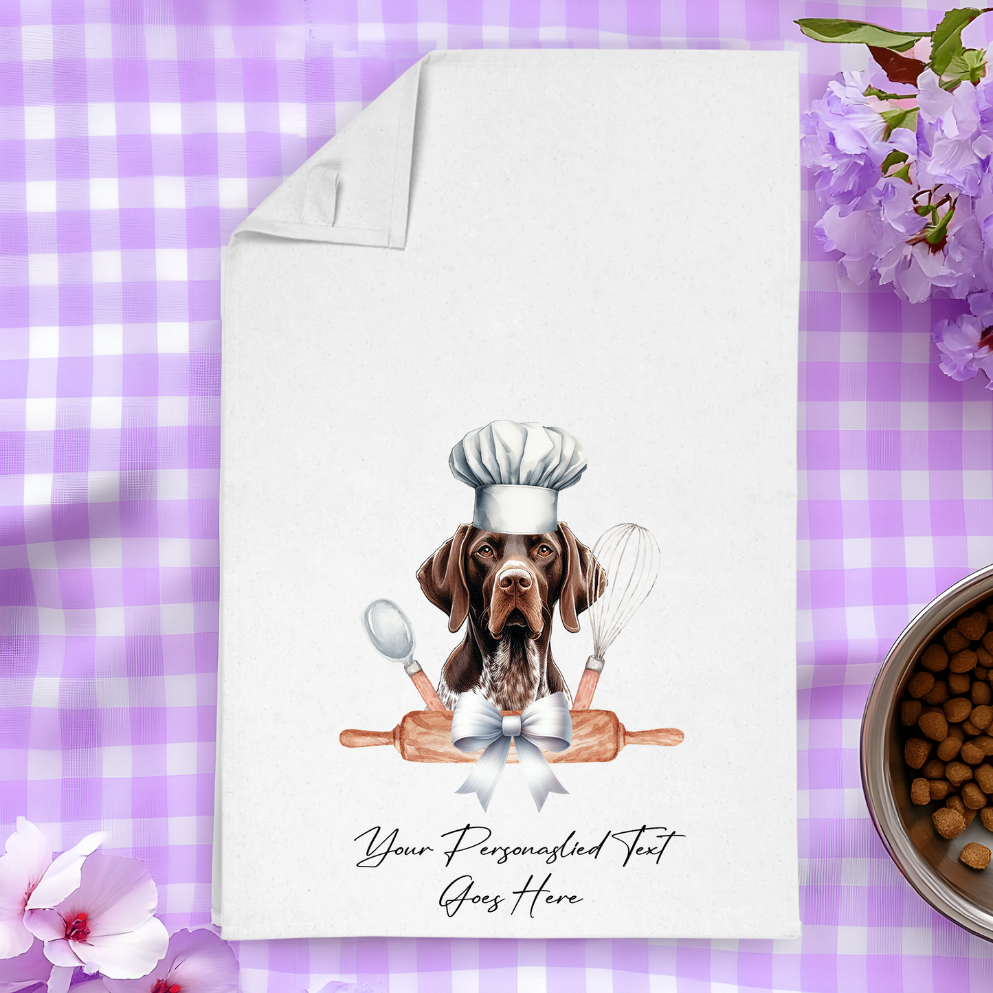 Personalised Dog In Chef Hat Gift Tea Towel - German Shorthaired Pointer - Liver and White