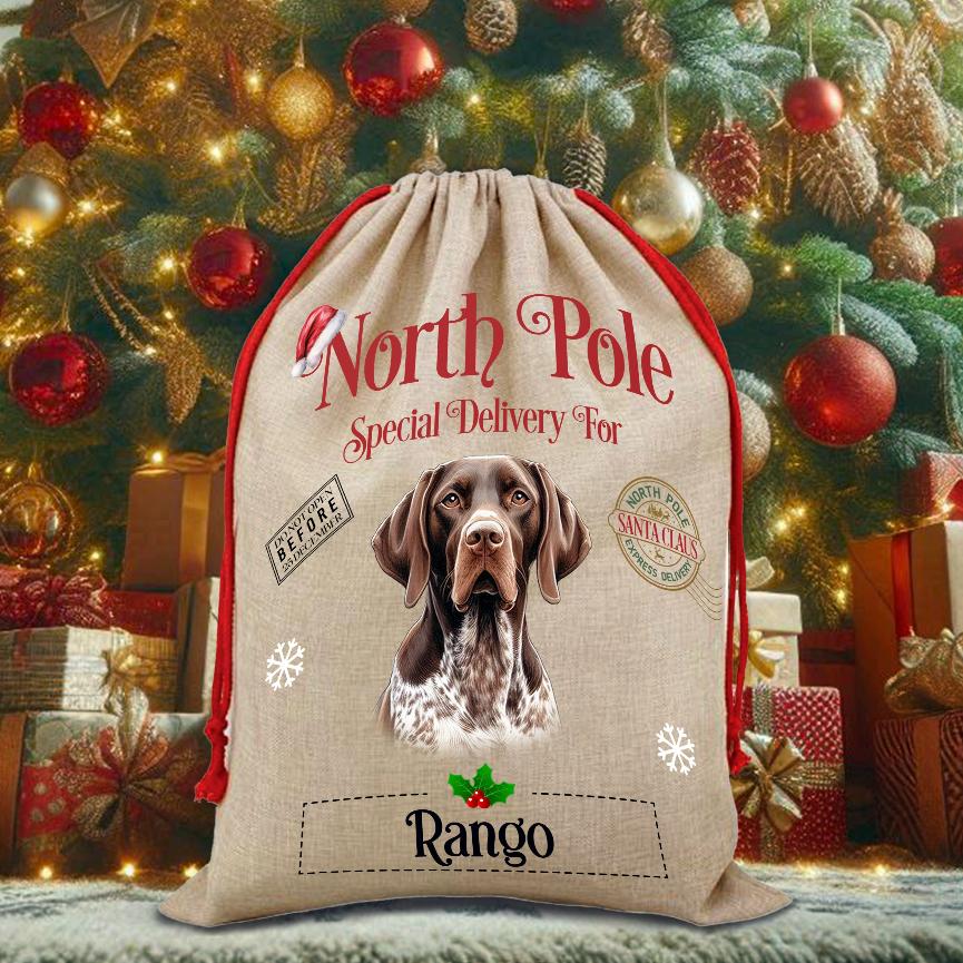 Personalised Dog Liver and Black Shorthaired Pointer – North Pole Special Delivery Santa Sack Pet Gift, by Floppsie Moppsie – floppsiemoppsie at floppsiemoppsie.co.uk