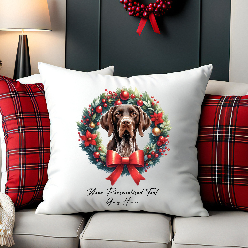 Personalised Liver and Black German Shorthaired Pointer in a Christmas wreath - Keepsake Gift cushion, by Floppsie Moppsie – floppsiemoppsie at floppsiemoppsie.co.uk