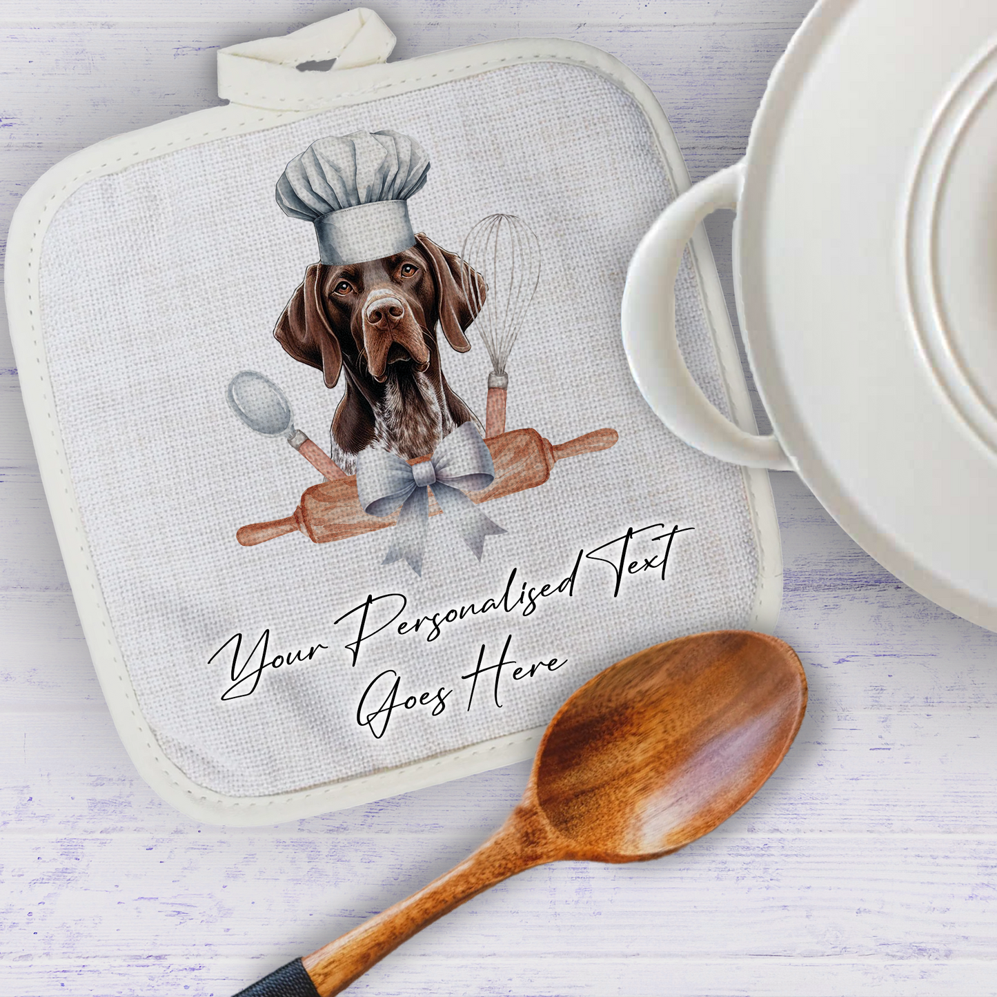 Personalised Dog In Chef Hat Gift Pot Holder / Grab - German Shorthaired Pointer - Liver and White