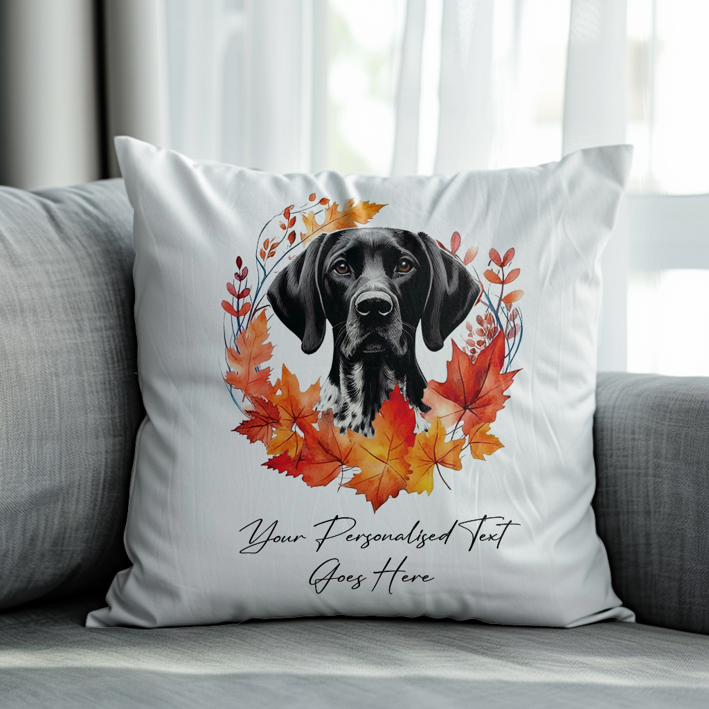 Personalised White and Black German Shorthaired Pointer in an Autumn wreath - Keepsake Gift cushion, by Floppsie Moppsie – floppsiemoppsie at floppsiemoppsie.co.uk