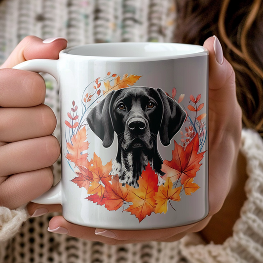 Personalised Black and White German Shorthaired Pointer in an Autumn wreath - Keepsake Mug, ideal gift for Birthday and Christmas Gift, by Floppsie Moppsie – floppsiemoppsie at floppsiemoppsie.co.uk