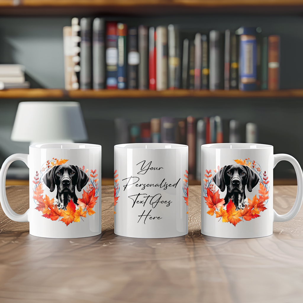 Personalised Black and White German Shorthaired Pointer in an Autumn wreath - Keepsake Mug, ideal gift for Birthday and Christmas Gift, by Floppsie Moppsie – floppsiemoppsie at floppsiemoppsie.co.uk