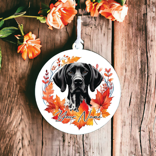 Personalised Dog German Shorthaired Pointer White and Black in an autumn wreath - Keepsake Gift Hanging Decoration, by Floppsie Moppsie – floppsiemoppsie at floppsiemoppsie.co.uk