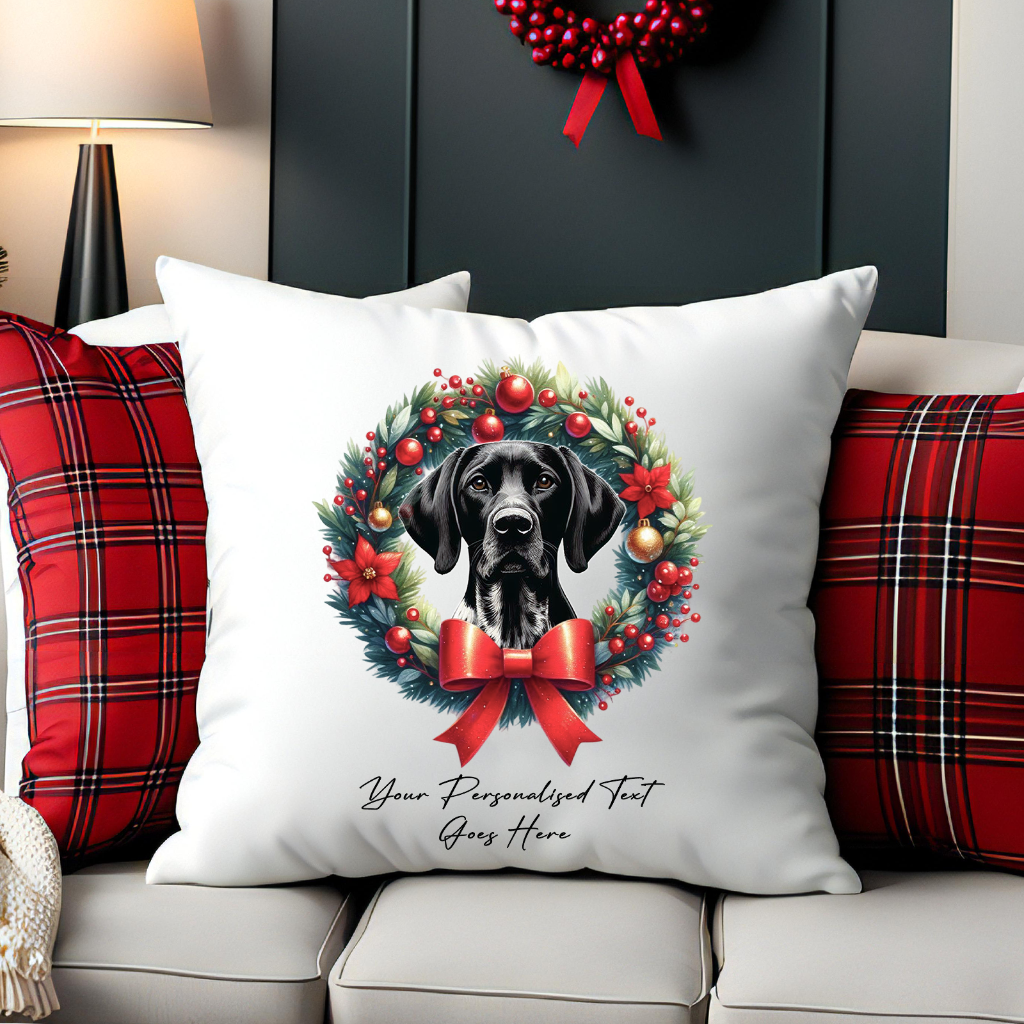 Personalised White and Black German Shorthaired Pointer in a Christmas wreath - Keepsake Gift cushion, by Floppsie Moppsie – floppsiemoppsie at floppsiemoppsie.co.uk