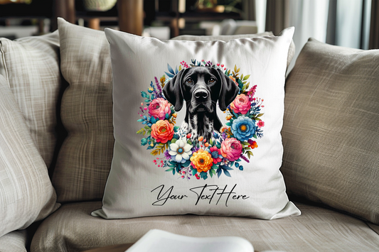 Personalised Floral Summer Pet Dog Wreath with White and Black Shorthaired Pointer - Keepsake Gift Cushion, by Floppsie Moppsie – floppsiemoppsie at floppsiemoppsie.co.uk