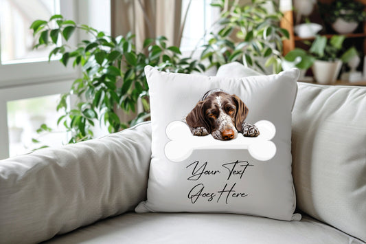 Personalised German Shorthaired Pointer sleeping on a bone Pet Dog Keepsake Gift Cushion, by Floppsie Moppsie – floppsiemoppsie at floppsiemoppsie.co.uk