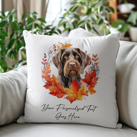 Personalised German Wirehaired Pointer in an Autumn wreath - Keepsake Gift cushion, by Floppsie Moppsie – floppsiemoppsie at floppsiemoppsie.co.uk