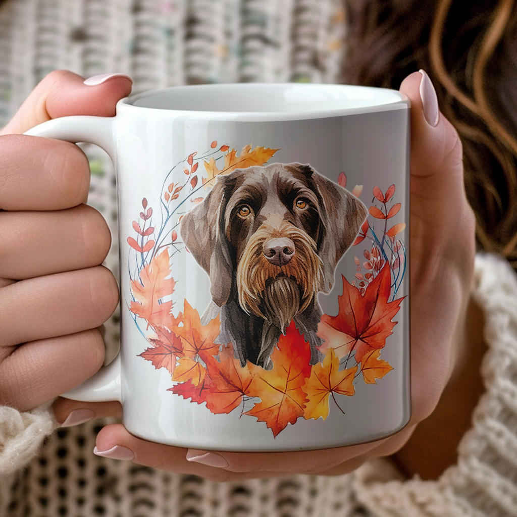 Personalised German Wirehaired in an Autumn wreath - Keepsake Mug, ideal gift for Birthday and Christmas Gift, by Floppsie Moppsie – floppsiemoppsie at floppsiemoppsie.co.uk