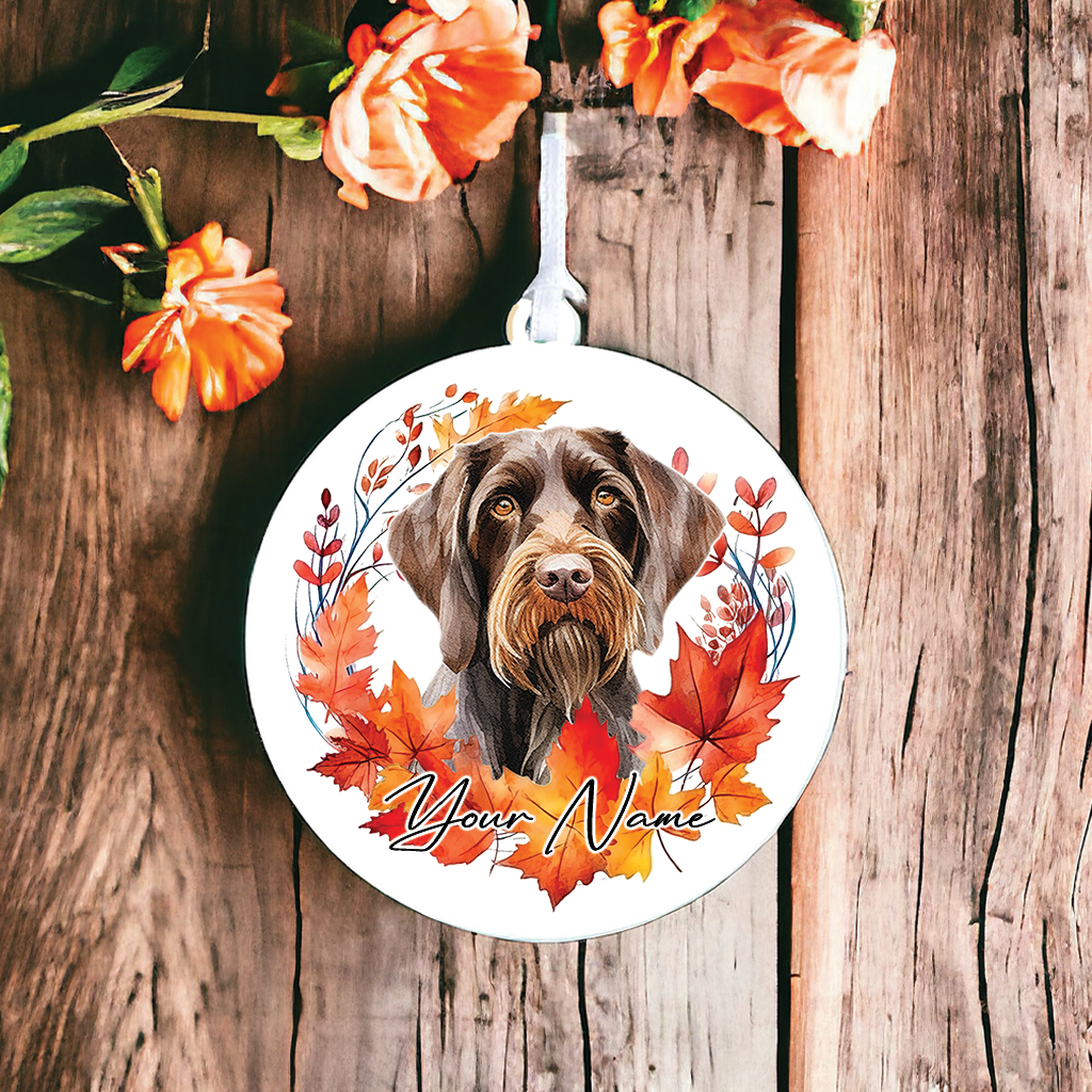 Personalised Dog German Wirehaired Pointer in an autumn wreath - Keepsake Gift Hanging Decoration, by Floppsie Moppsie – floppsiemoppsie at floppsiemoppsie.co.uk