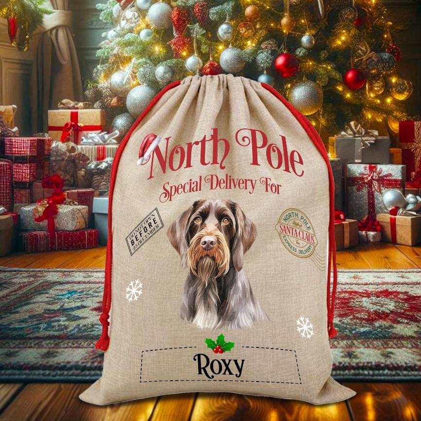 Personalised Dog German Wirehaired Pointer – North Pole Special Delivery Santa Sack Pet Gift, by Floppsie Moppsie – floppsiemoppsie at floppsiemoppsie.co.uk