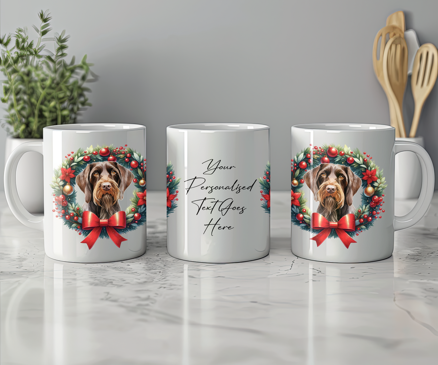 Personalised German Wirehaired Pointer Dog Christmas Wreath Gift Mug