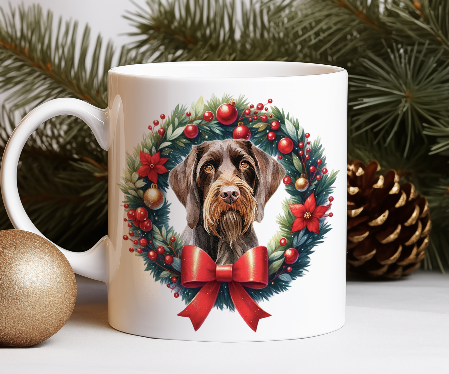 Personalised German Wirehaired Pointer Dog Christmas Wreath Gift Mug