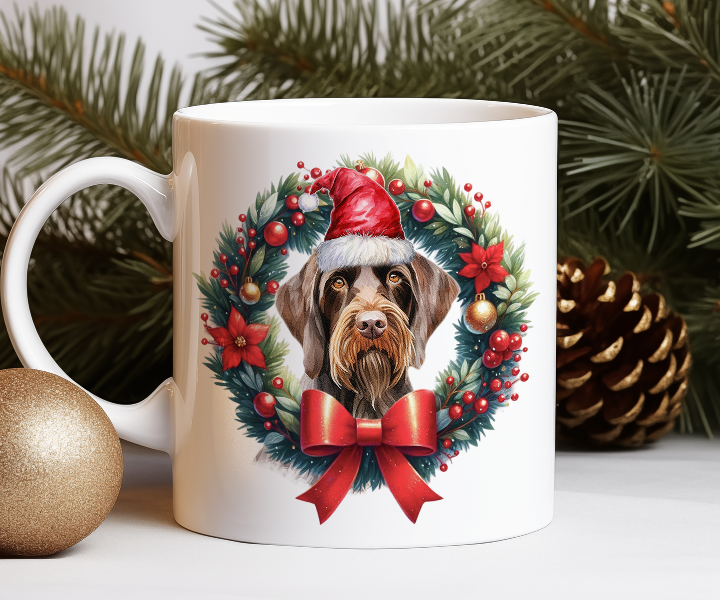 Personalised German Wirehaired Pointer Dog Christmas Wreath Gift Mug