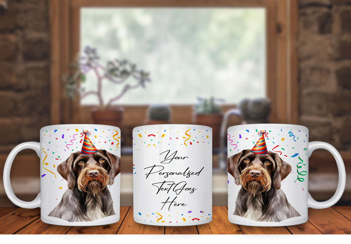 Personalised Dog Gift Mug - German Wirehaired Pointer with Birthday Congratulations Party Hat