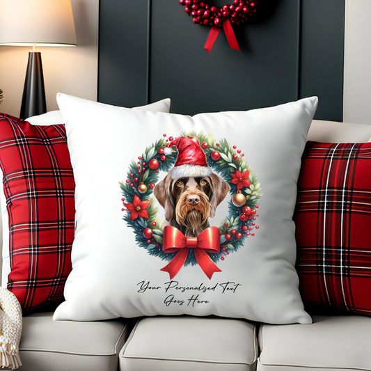 Personalised German Wirehaired Pointer  with Santa Hat in a Christmas wreath - Keepsake Gift cushion, by Floppsie Moppsie – floppsiemoppsie at floppsiemoppsie.co.uk