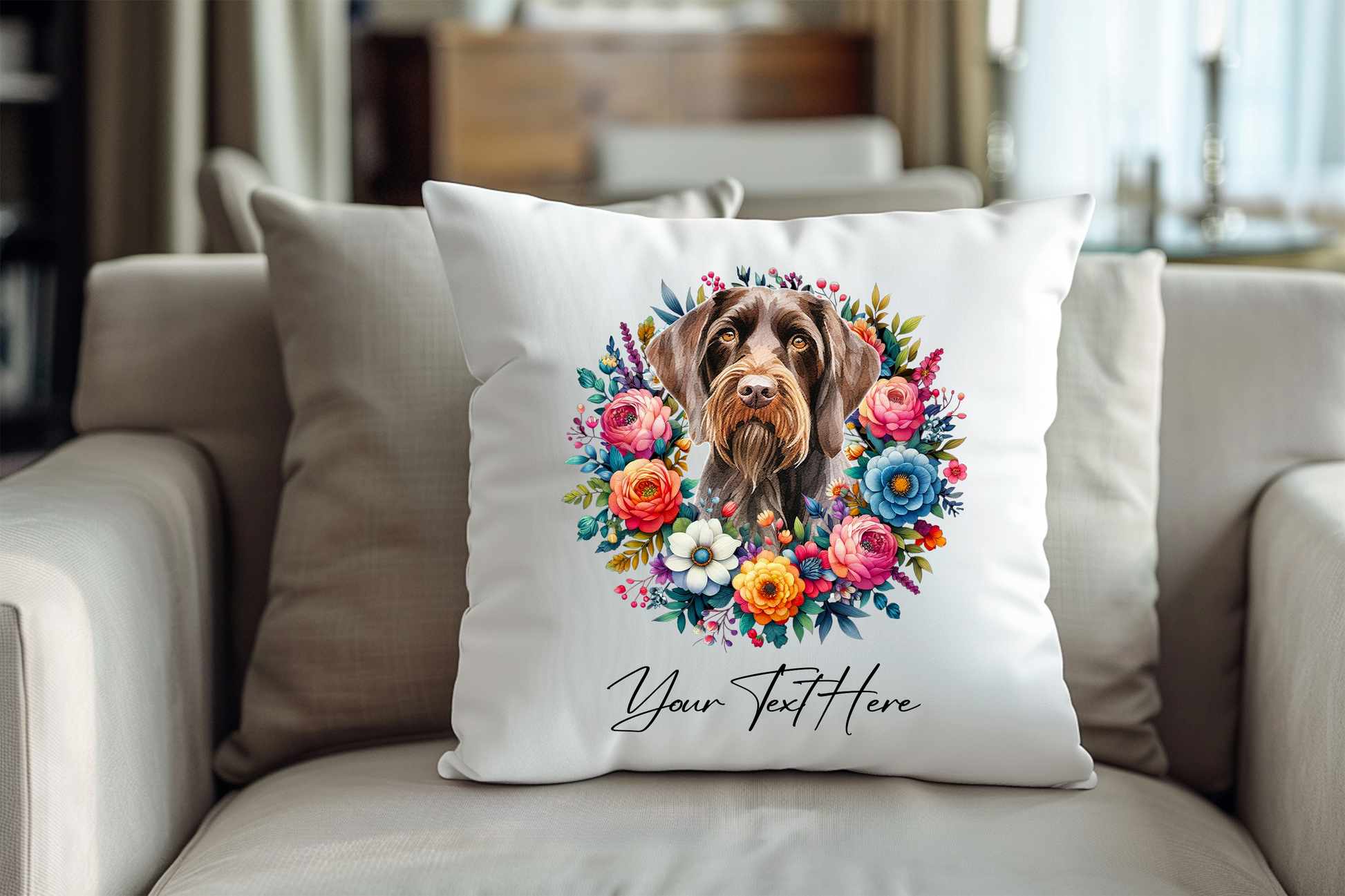 Personalised Floral Summer Pet Dog Wreath with German Wirehaired Pointer - Keepsake Gift Cushion, by Floppsie Moppsie – floppsiemoppsie at floppsiemoppsie.co.uk