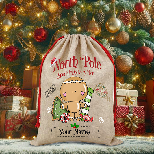 Personalised Whimsical Gingerbread North Pole Santa Sack - Style A