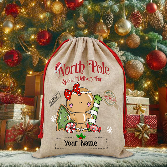 Personalised Whimsical Gingerbread North Pole Santa Sack - Style B