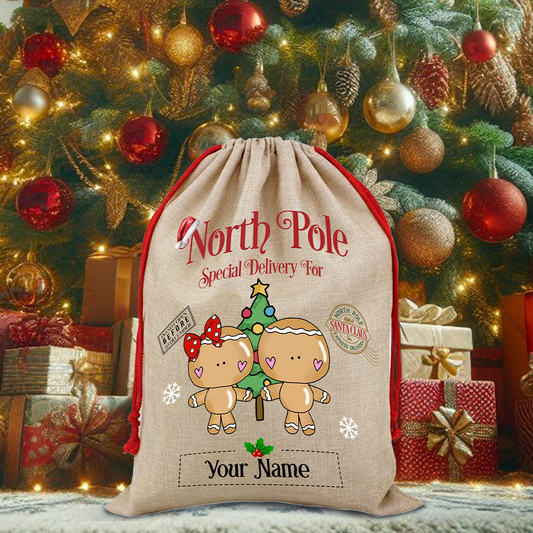 Personalised Whimsical Gingerbread Couple North Pole Santa Sack