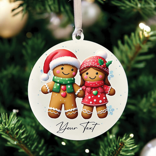 Personalised Christmas Gingerbread Couple - Hanging Bauble Decoration - Style B