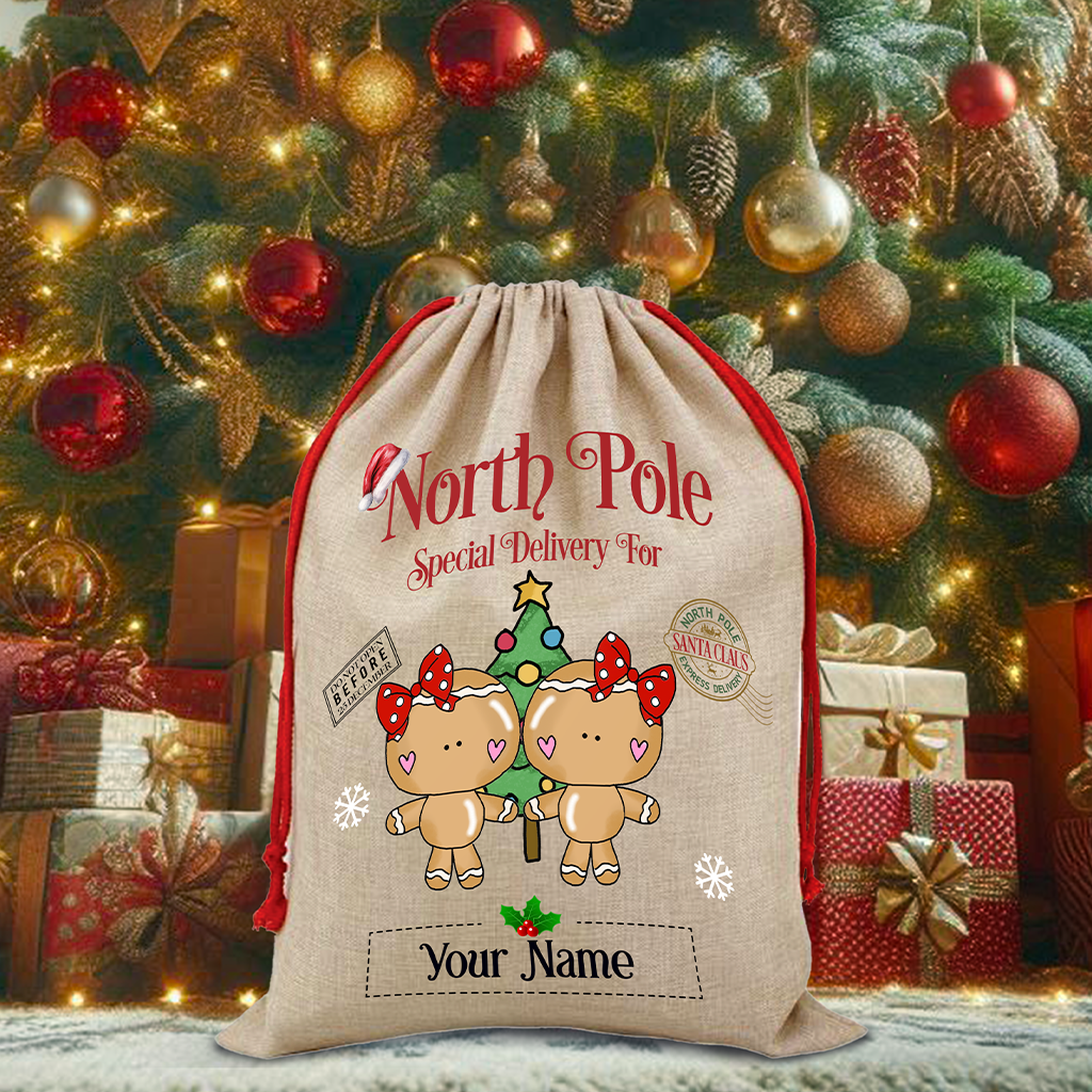 Personalised Whimsical Gingerbread Female Pair - North Pole Santa Sack