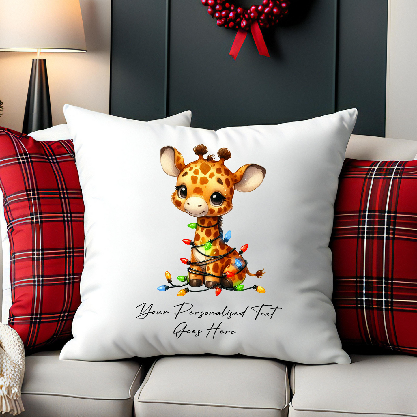 Personalised Giraffe wrapped in Christmas Lights Cushion Cover Gift - Style A