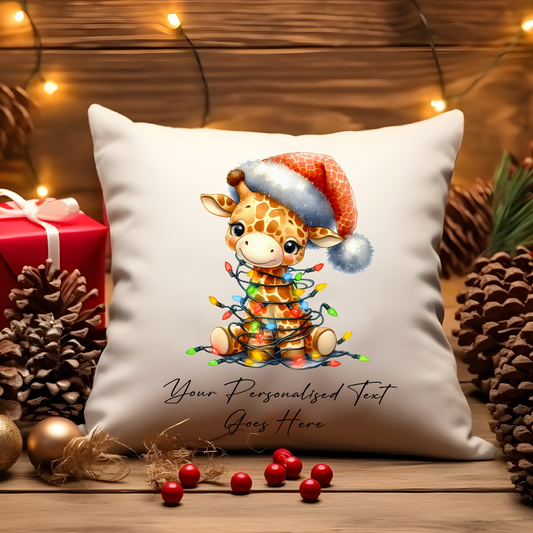 Personalised Giraffe wrapped in Christmas Lights Cushion Cover Gift - Style B